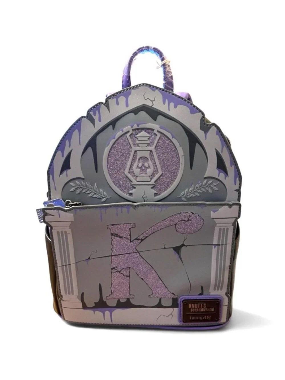 Loungefly Knott's Scary Farm Tombstone Purple K Mini Backpack Glows in Dark NWT